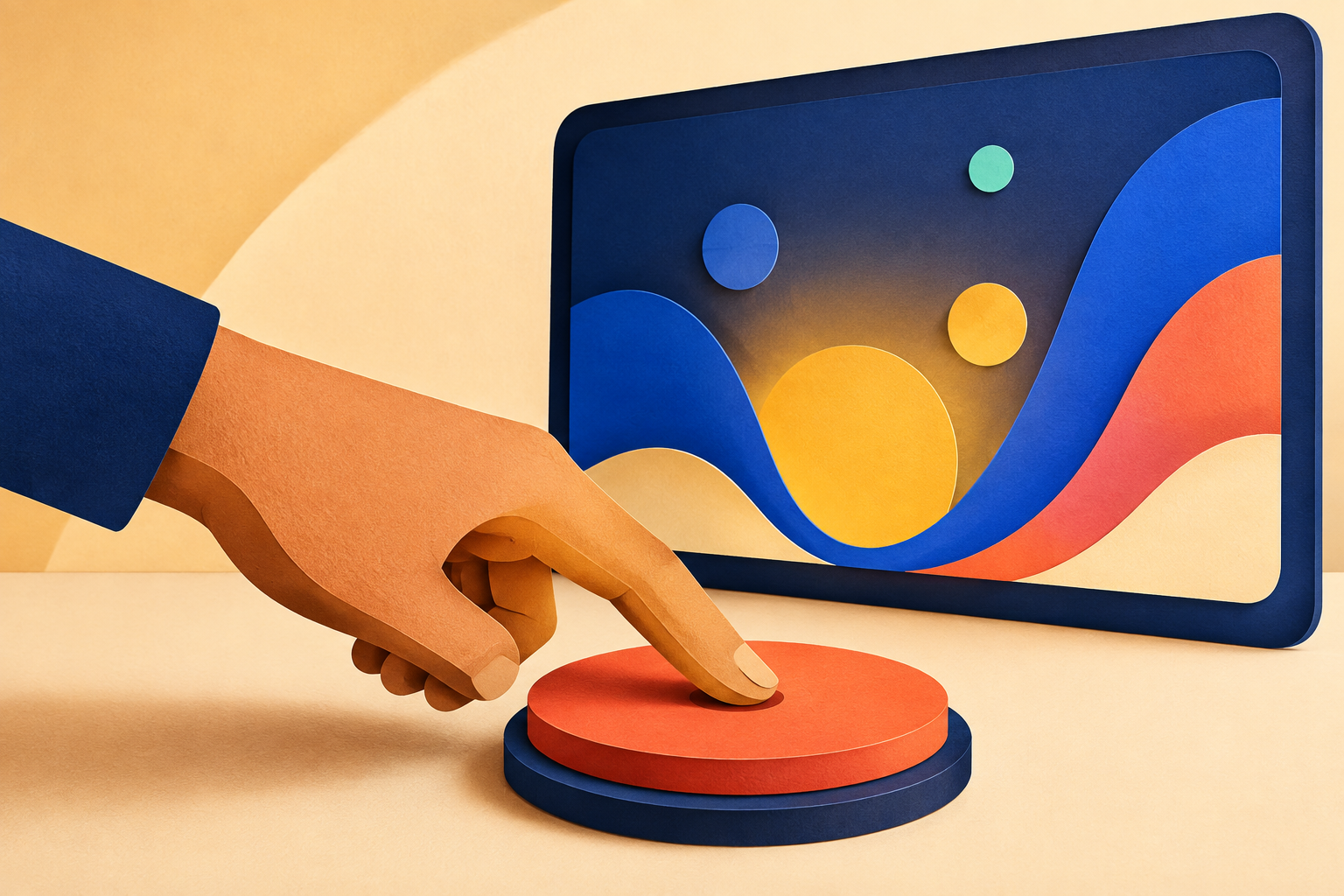 Illustration of a hand pressing one large button while a nearby screen responds